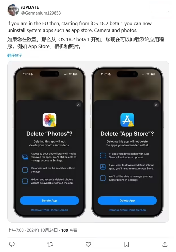 偃师苹果手机维修分享iOS 18.2 支持删除 App Store 应用商店 